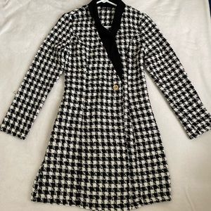 Shawl Collar Wrap Button Front Plaid Blazer Tweed Dress